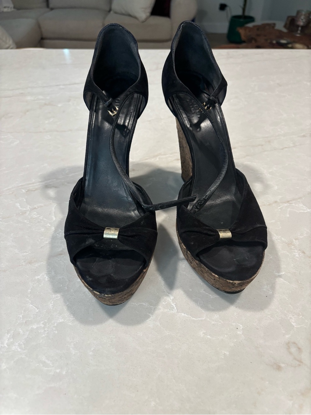 Gucci Black Suede Wedge Sandals with Gold Accent